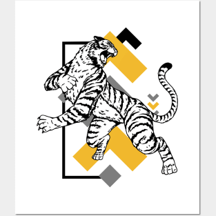 Retro 80s Black and Gold Tiger on the Attack // Vintage Geometric Shapes Background Posters and Art